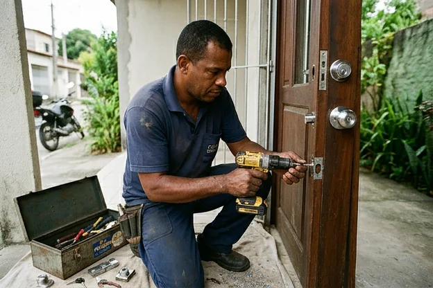 Profissional instalando uma fechadura em Camaçari, representando segurança residencial.