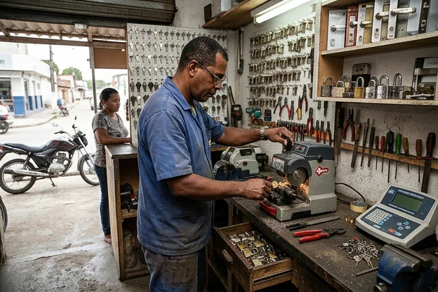 Várias atividades de chaveiro em Camaçari, com um profissional em ação como abrir portas e fazer cópias.